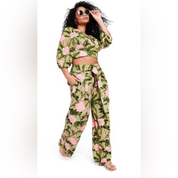 Women's Peony Print Tie Wrap Top - Agua Bendita x Target Dark Olive/Blush - Picture 2 of 6
